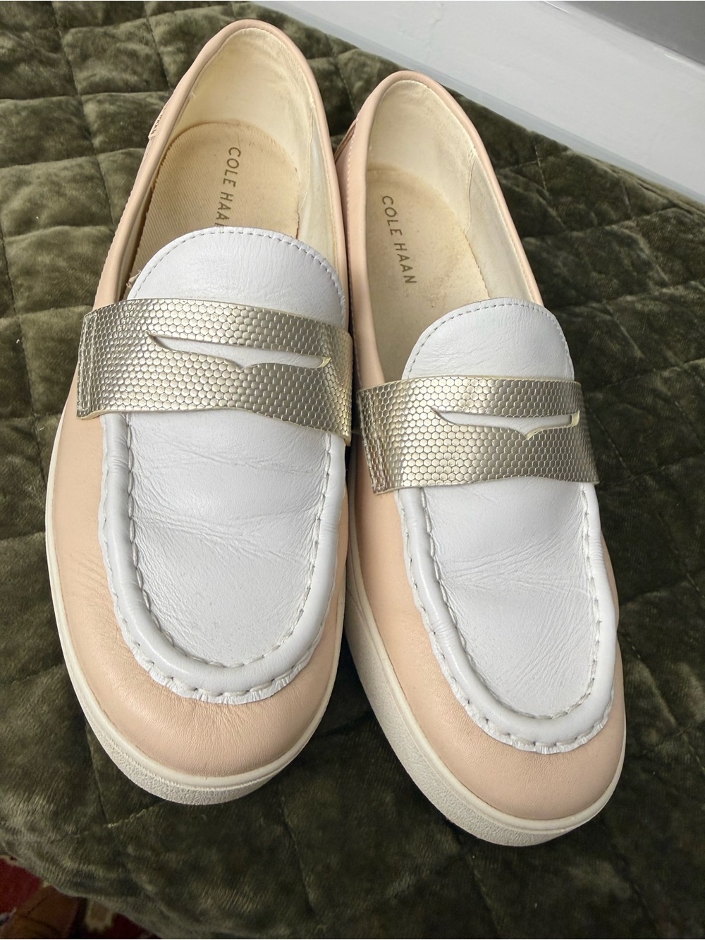 Cole Haan White and Blush Leather Penny Loafers with Metallic Accent